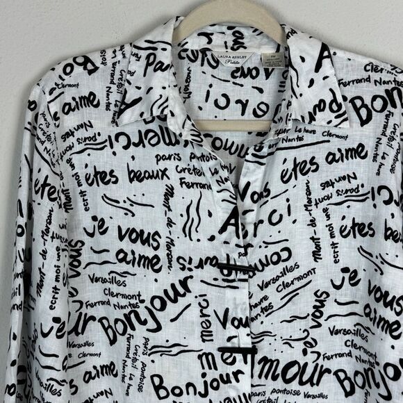 Vintage Laura Ashley Linen French White Black Convertible Sleeve Top PM - Picture 2 of 8